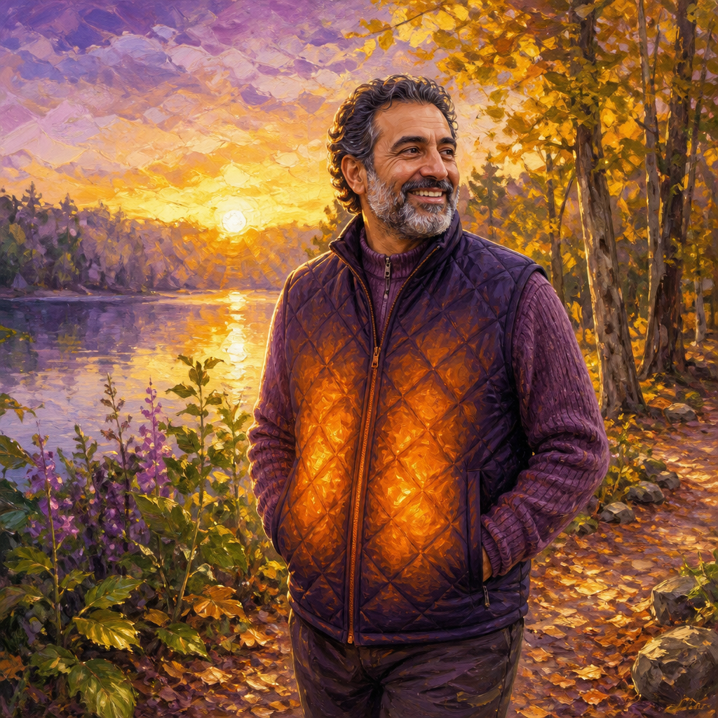 Middle Eastern man in his 50s wearing a rechargeable heated vest on an autumn lakeside walk
