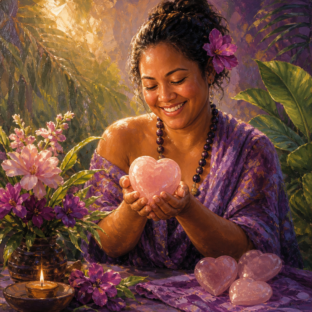 Pacific Islander woman in her 30s smiling as she holds a pink rose quartz heart