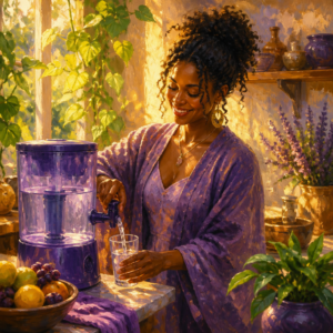 Black woman in her 30s pouring clear water from a countertop water filter
