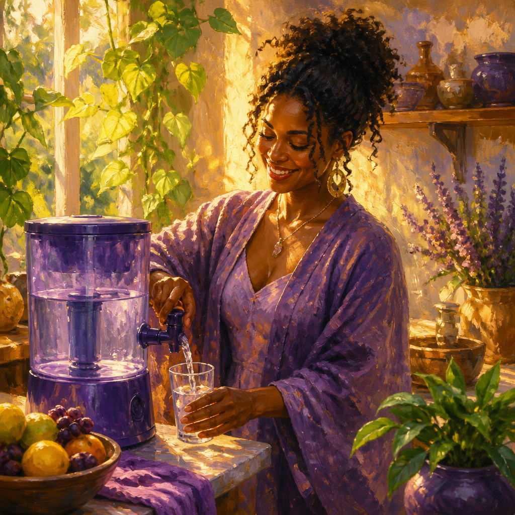 Black woman in her 30s pouring clear water from a countertop water filter