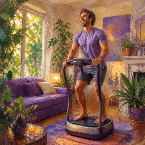 White man in his 30s using a vibration plate in a bright living room