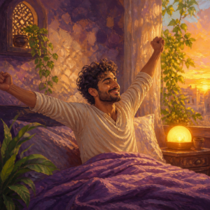 Middle Eastern man in his 20s waking happily as a sunrise alarm clock glows