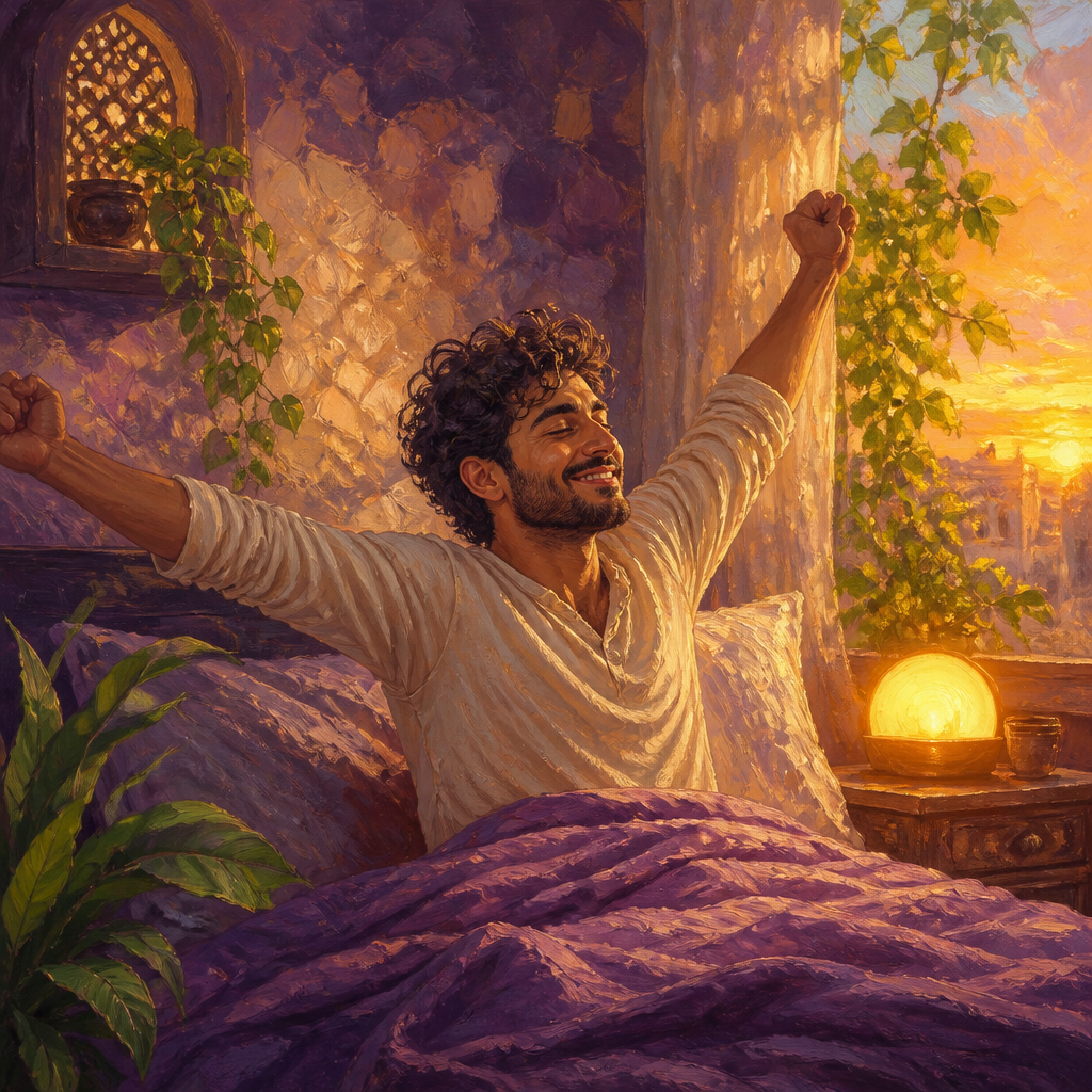 Middle Eastern man in his 20s waking happily as a sunrise alarm clock glows