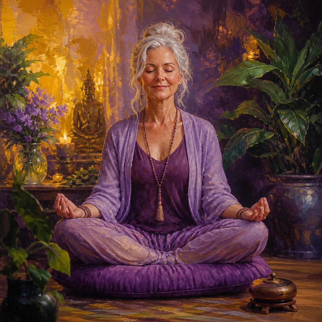 White woman in her 60s meditating beside a small chime meditation timer