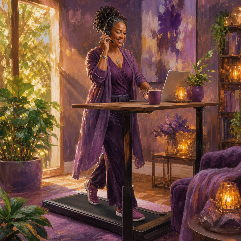 Black woman in her 40s walking on an under-desk walking pad at a standing desk