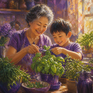 East Asian woman in her 60s and her grandson snipping basil from an indoor herb garden