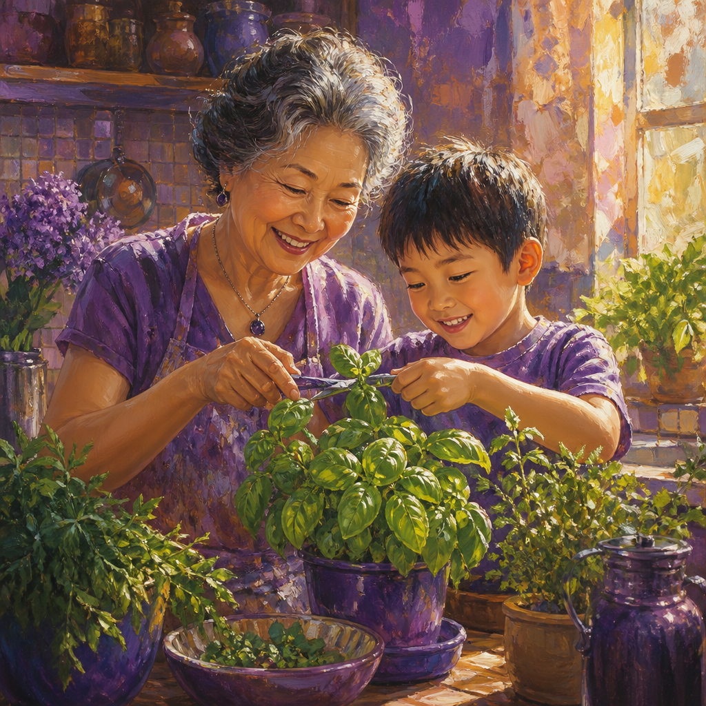 East Asian woman in her 60s and her grandson snipping basil from an indoor herb garden