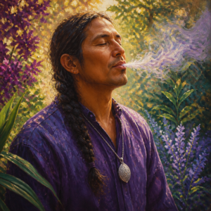 Indigenous man in his 40s breathing calmly through a silver breathing pendant in a garden