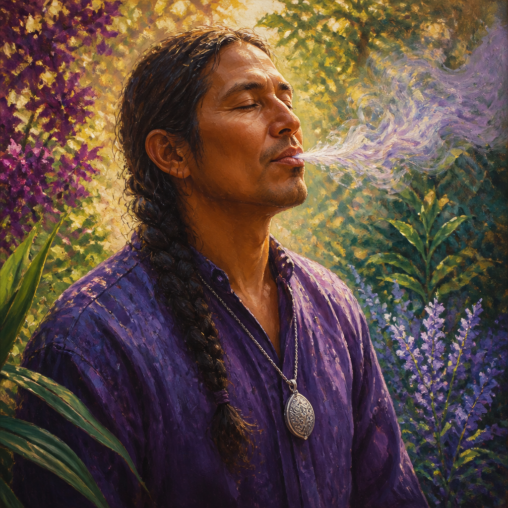 Indigenous man in his 40s breathing calmly through a silver breathing pendant in a garden