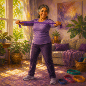 South Asian woman in her 60s exercising with a colorful resistance bands set