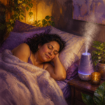Latina woman in her 40s sleeping peacefully beside a cool mist humidifier
