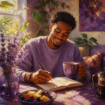 Black man in his 20s writing in a morning journal with coffee