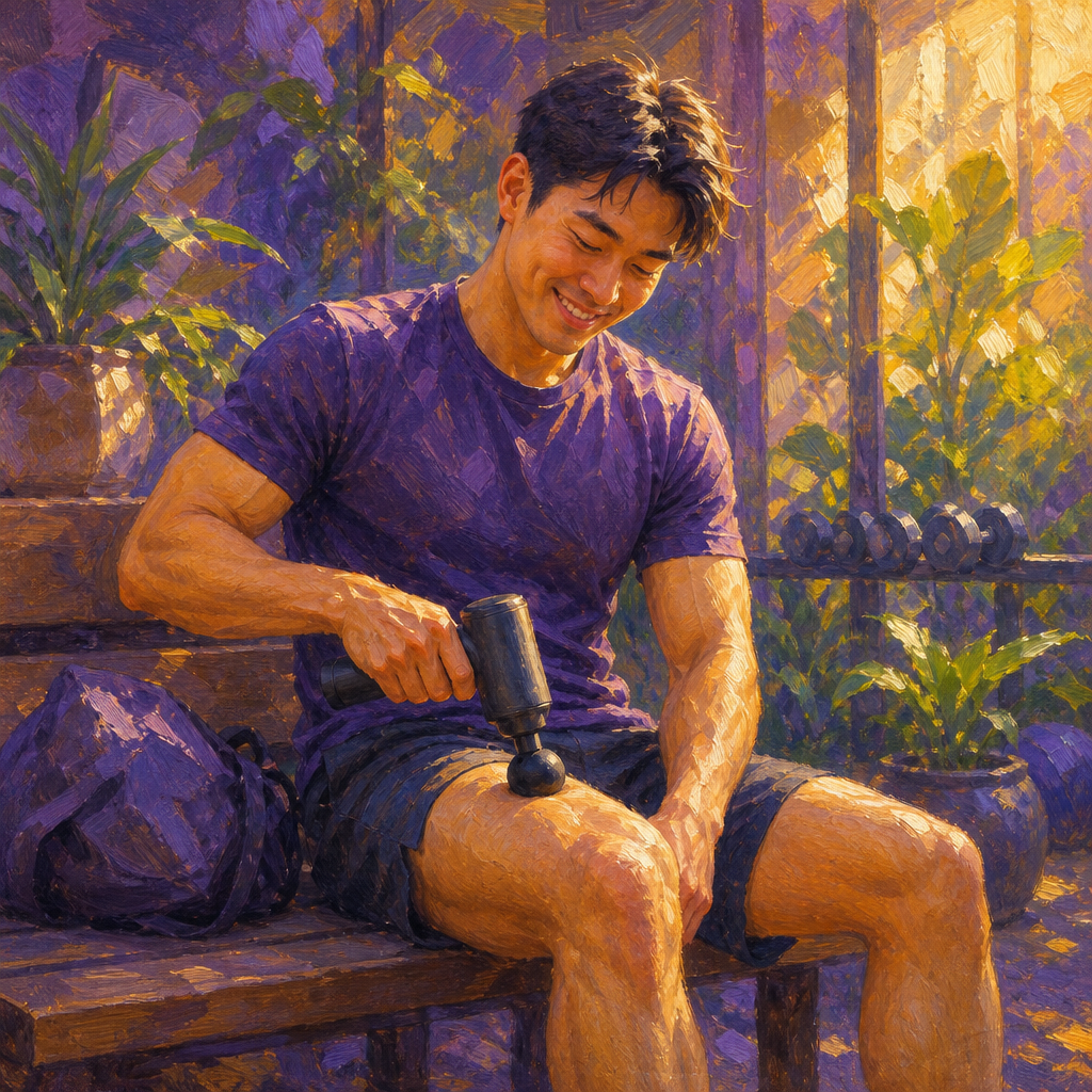 East Asian man in his 20s using a massage gun on his thigh after a workout