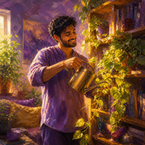South Asian man in his 20s watering trailing pothos vines on a sunlit bookshelf