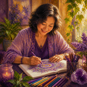 East Asian woman in her 50s coloring an intricate mandala with colored pencils
