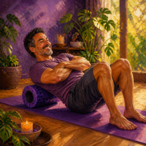 Latino man in his 40s rolling out his back on a foam roller on a yoga mat