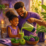Black father in his 30s and his young daughter pouring a green smoothie from a blender