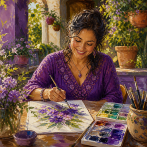 Latina woman in her 40s painting flowers with a watercolor set on a garden patio