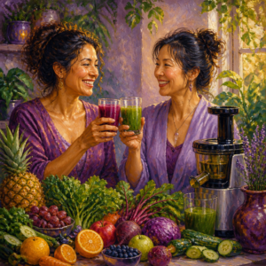Latina and East Asian women friends in their 40s toasting with fresh juice beside a juicer