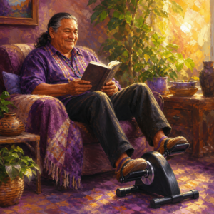 Indigenous man in his 50s pedaling an under-desk pedal exerciser while reading
