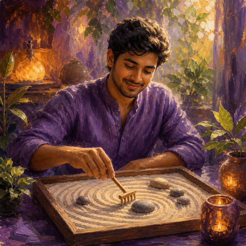 South Asian man in his 20s raking patterns in a tabletop zen sand garden