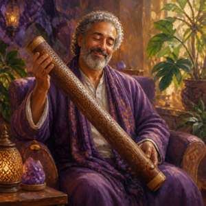 Middle Eastern man in his 60s tilting a rain stick with eyes closed