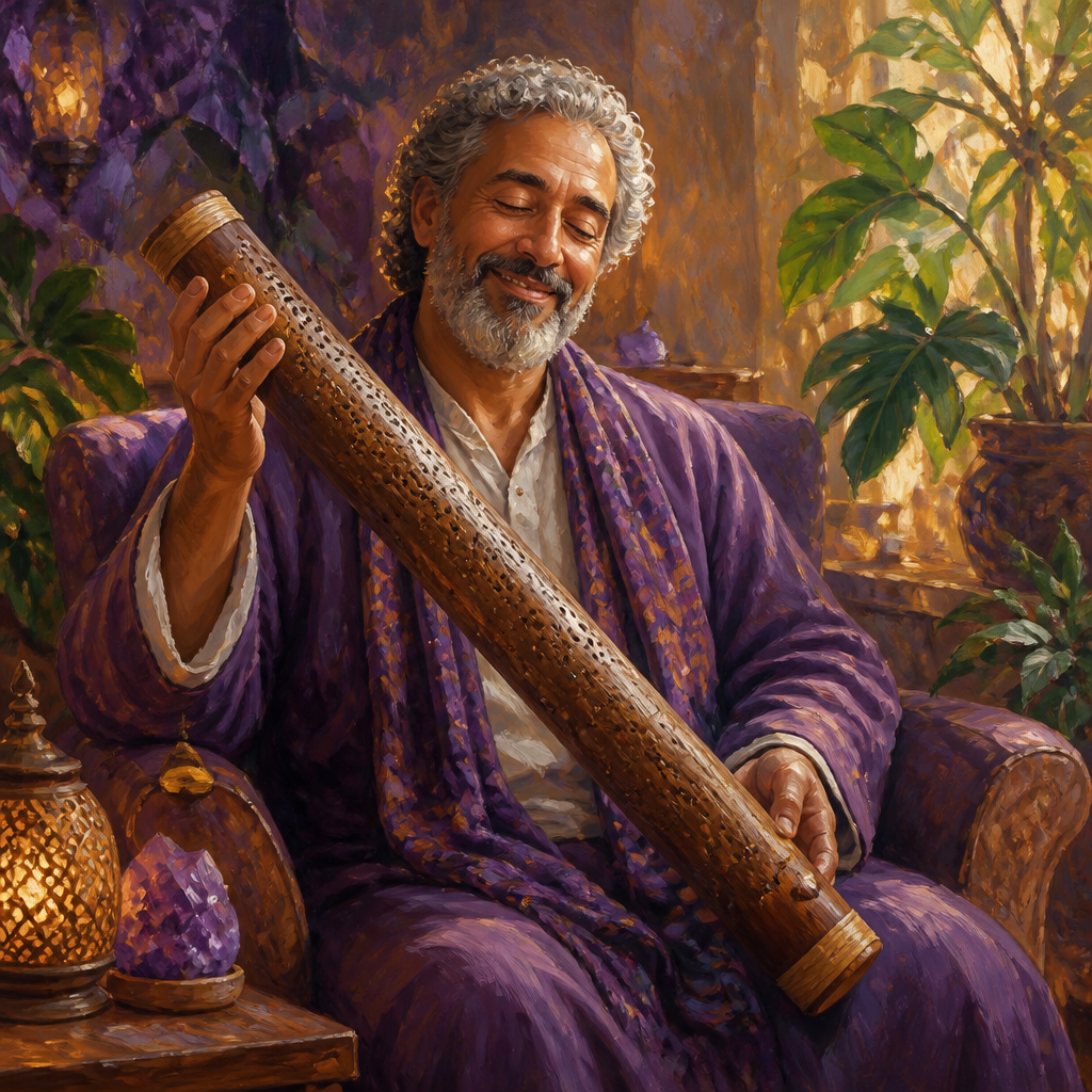 Middle Eastern man in his 60s tilting a rain stick with eyes closed
