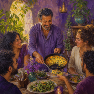 Middle Eastern man in his 40s serving a vegetable frittata from a cast iron skillet to friends