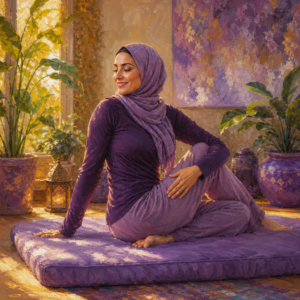 Middle Eastern woman in her 30s stretching on a thick lavender yoga mat