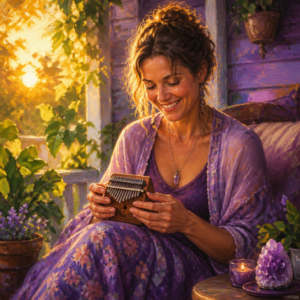 White woman in her 30s playing a wooden kalimba on a porch at golden hour
