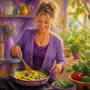 White woman in her 50s cooking a veggie omelet in a colorful ceramic pan