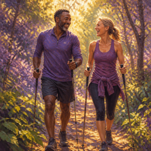 Black man and white woman in their 40s walking a forest trail with Nordic walking poles