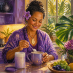 Pacific Islander woman in her 40s stirring collagen powder into her morning coffee