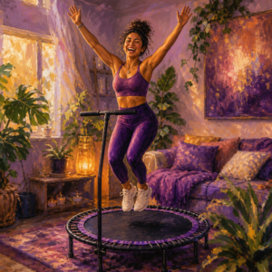 Latina woman in her 20s bouncing on a mini trampoline rebounder with a handlebar