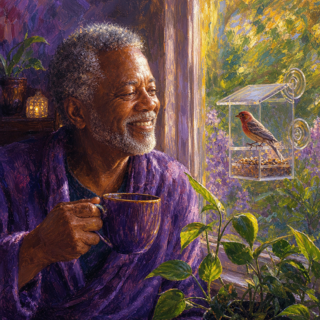 Black man in his 60s with tea watching a finch at a window bird feeder