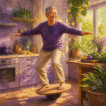 East Asian man in his 60s balancing on a wooden balance board in a sunny kitchen