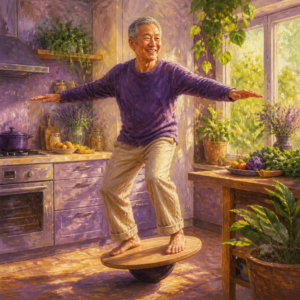 East Asian man in his 60s balancing on a wooden balance board in a sunny kitchen