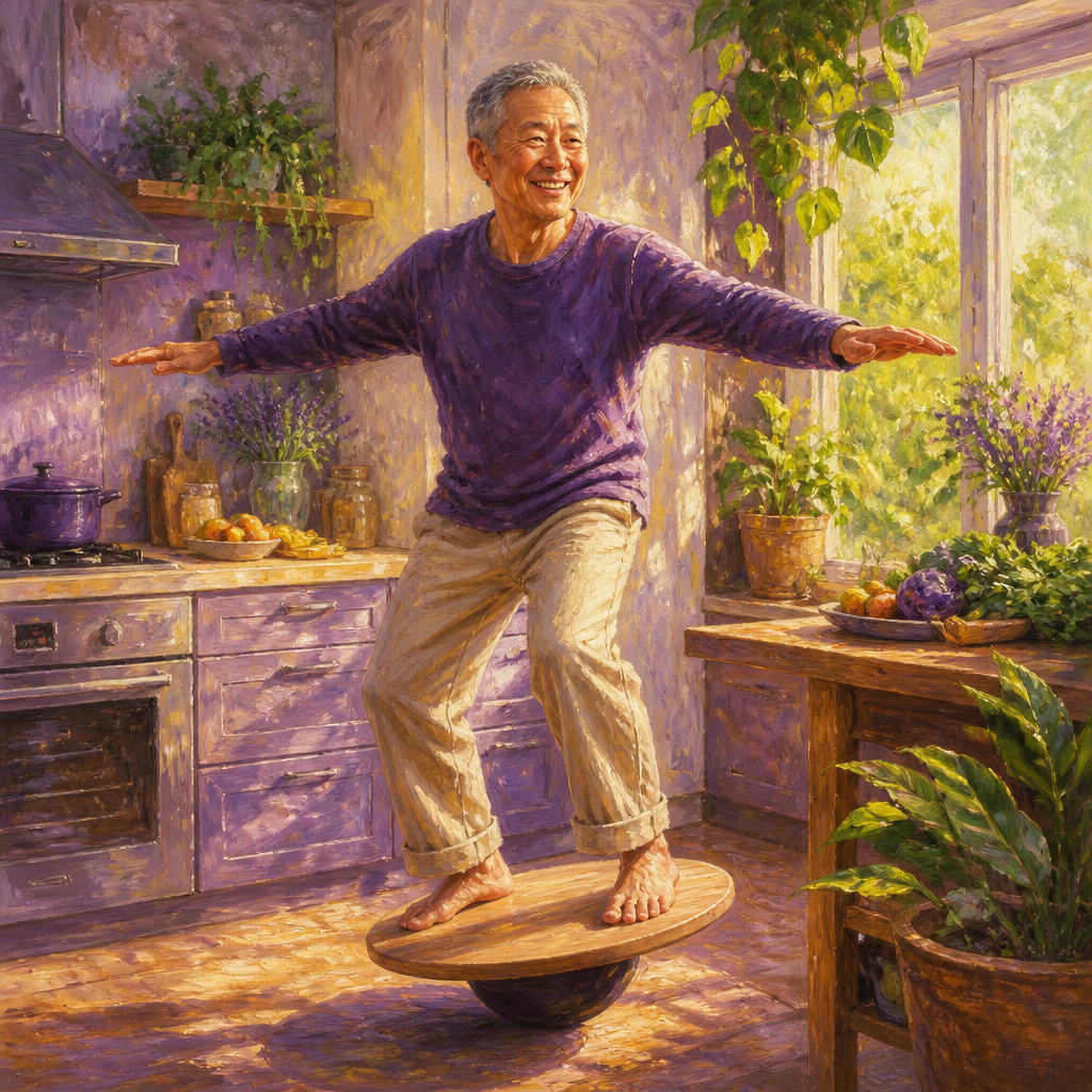 East Asian man in his 60s balancing on a wooden balance board in a sunny kitchen