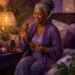 Black woman in her 60s winding down with evening tea and magnesium capsules