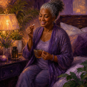 Black woman in her 60s winding down with evening tea and magnesium capsules
