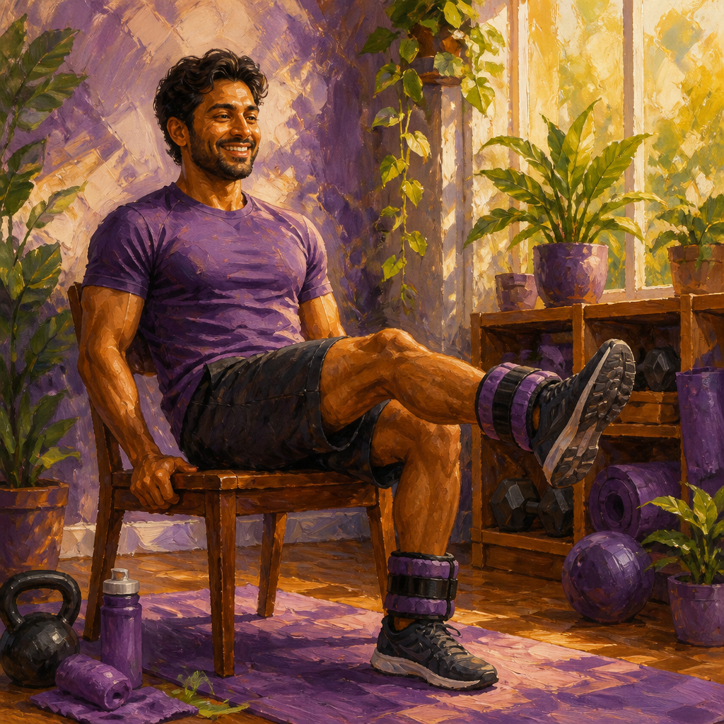 South Asian man in his 30s doing seated leg lifts wearing adjustable ankle weights
