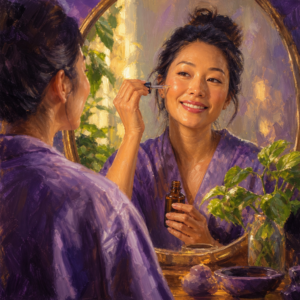 East Asian woman in her 30s applying copper peptide serum at her vanity