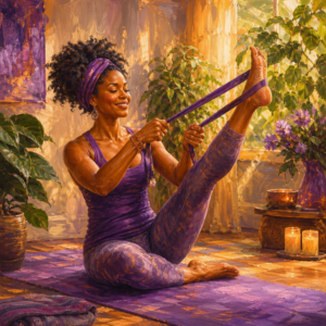 Black woman in her 30s stretching her leg with a yoga strap on a mat