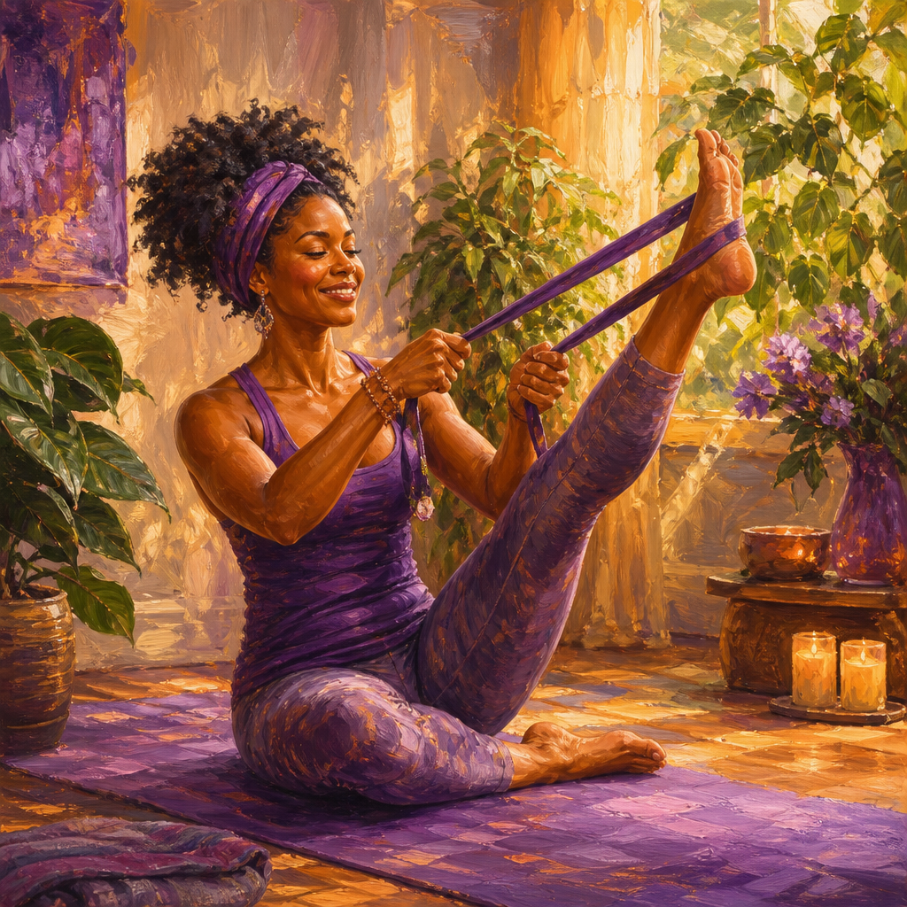 Black woman in her 30s stretching her leg with a yoga strap on a mat