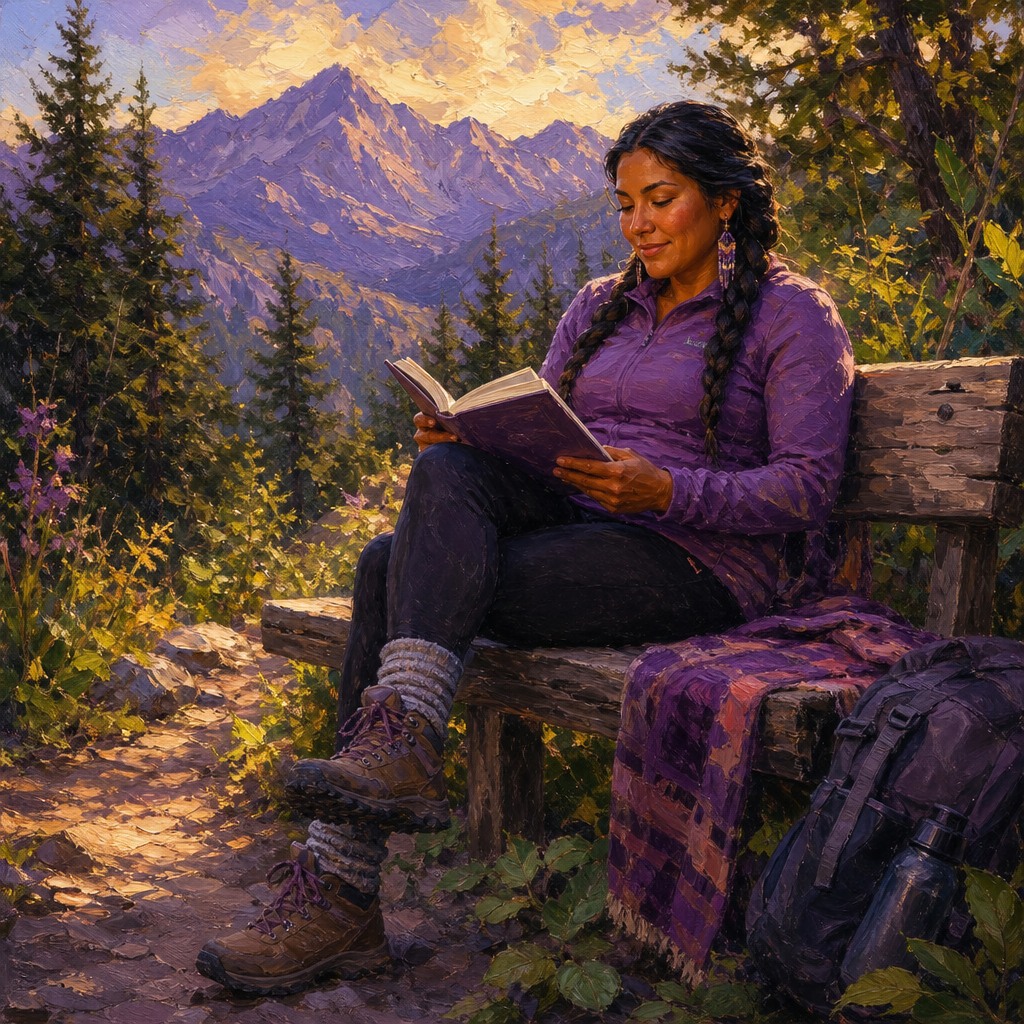 Indigenous woman in her 30s reading a book on a trailside bench after a hike
