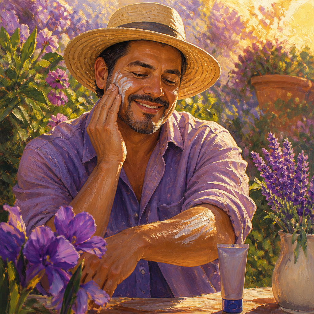 Hispanic man in his 40s in a sun hat applying mineral sunscreen in a flower garden