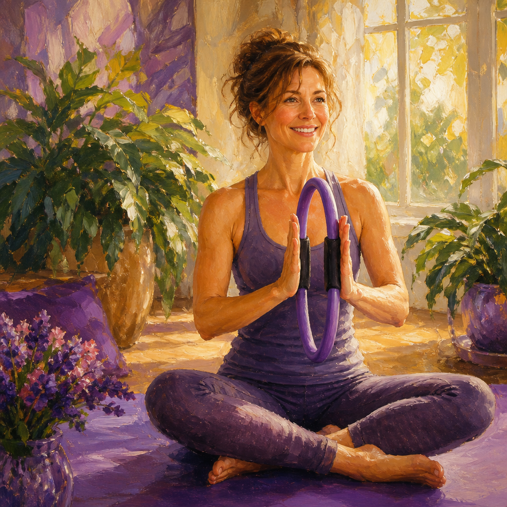 White woman in her 40s pressing a Pilates ring between her palms on a mat