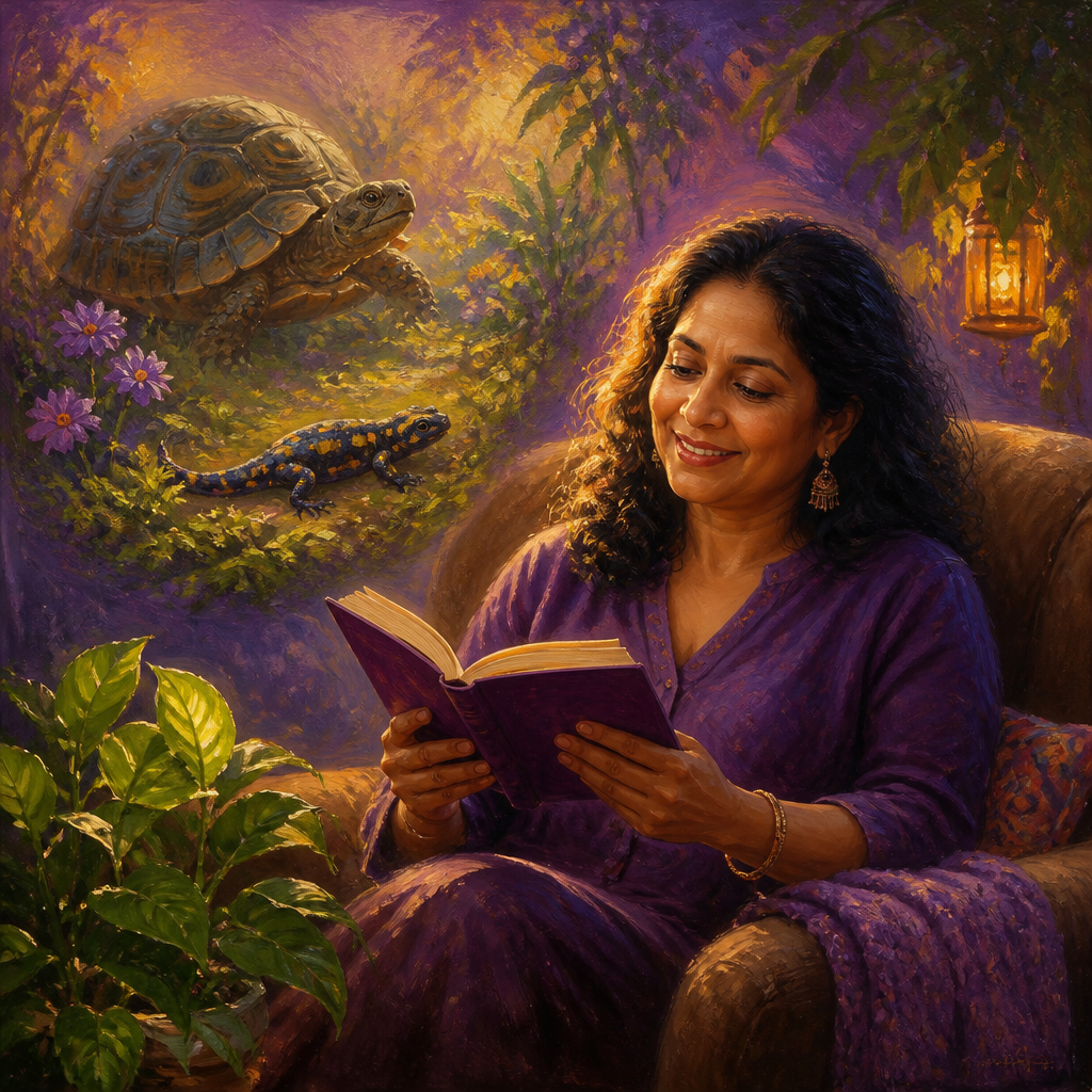 South Asian woman in her 40s reading in an armchair with a dreamy vignette of a tortoise and salamander
