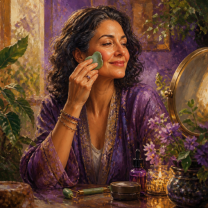 Middle Eastern woman in her 50s using a jade gua sha stone with a jade roller nearby