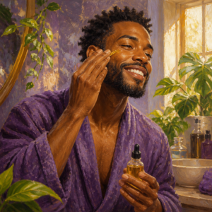 Black man in his 30s applying vitamin C serum in morning light